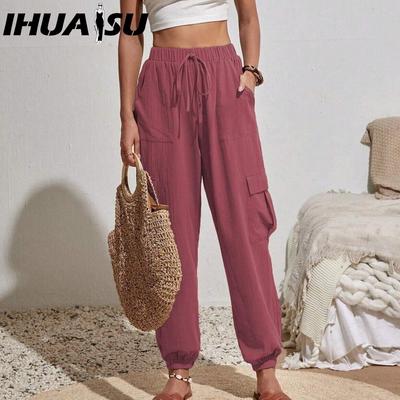Women's Spring and Summer with Solid Color Pocket Casual Cargo Pants for Women