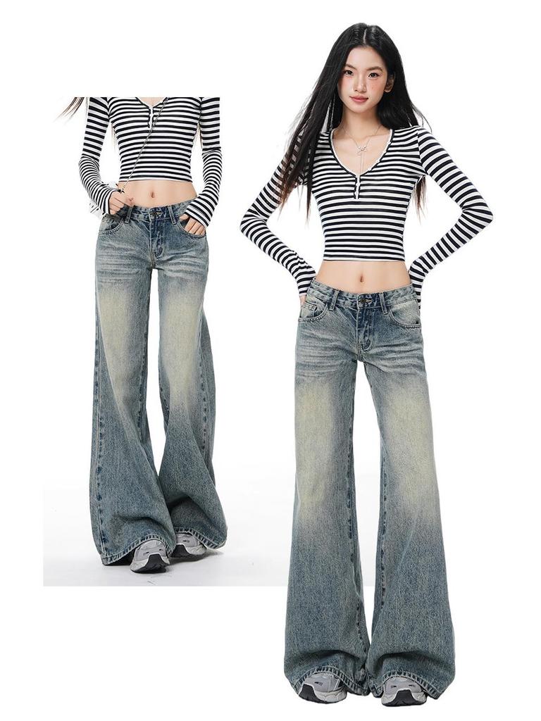 Low-rise, slimming, loose, wide-leg, slightly flared bell-bottom jeans for girls and women, perfect for spring.