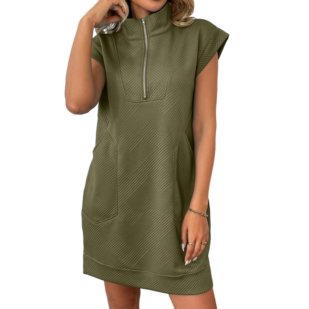 Women’s Casual Short Sleeve Stand Collar Zip Front Pocket Loose Fit Straight Dress with Pattern for Everyday Wear