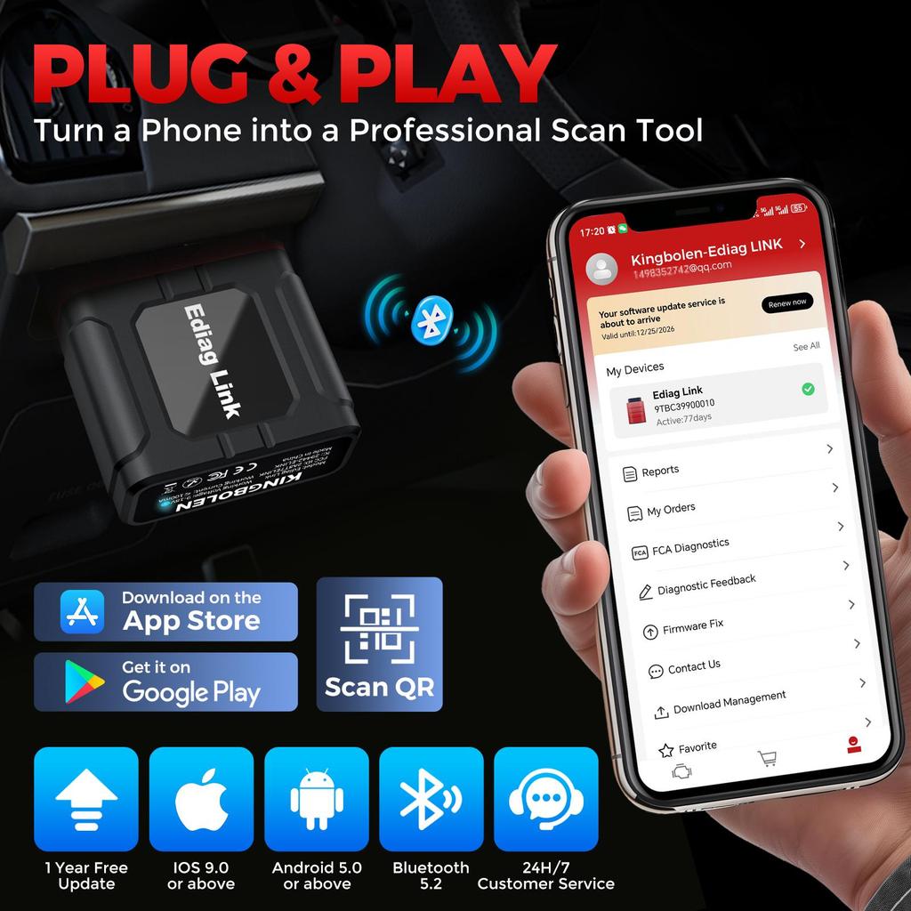 Escáner OBD2 KING BOLEN EDIAG Link Todos los Sistemas Todos los Sistemas 10 Restablecimientos 1 año Actualización Gratuita todos los OBD2 Auto Vin Soporte CANFD FCA SGW