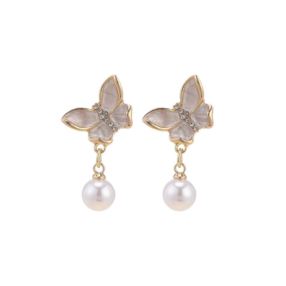 Zircon Butterfly Pearl Earrings Women'S Sterling Silver Stud Earrings Premium Earrings Temperament Earrings