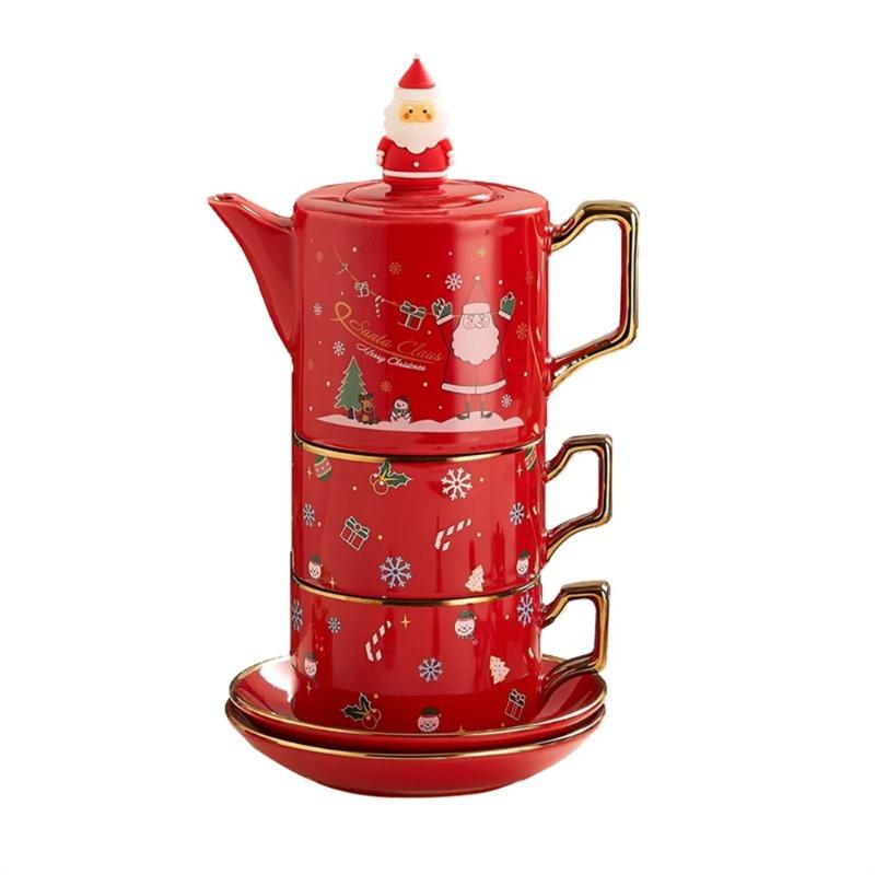 Red Ceramics Teaware Sets Santa Claus Snowman Elk Teapot Teacup Christmas Coffee Cup Saucers Stackable Xmas New Year Gifts