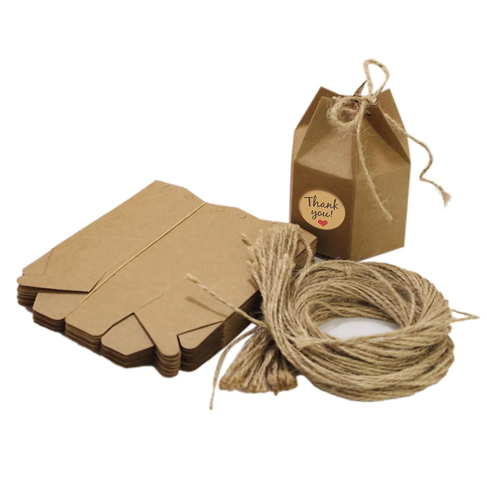 

50Pcs Hexagonal Candy Treat Box with Hemp Rope Sticker Exquisite Gift Packaging Box For Wedding Birthday Party Baby Shower As shown кавовий