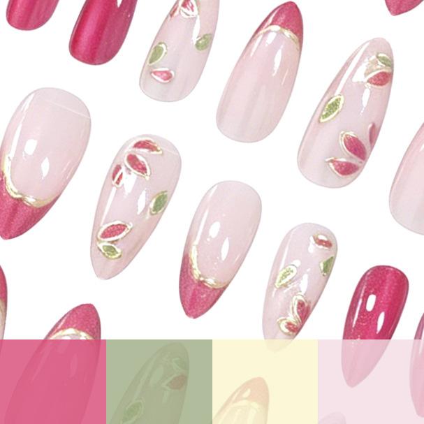 24 Pieces Of Manicure Cat'S Eye French Gilt 3D Relief Three-Dimensional Petals Long Almonds Wearing Armor