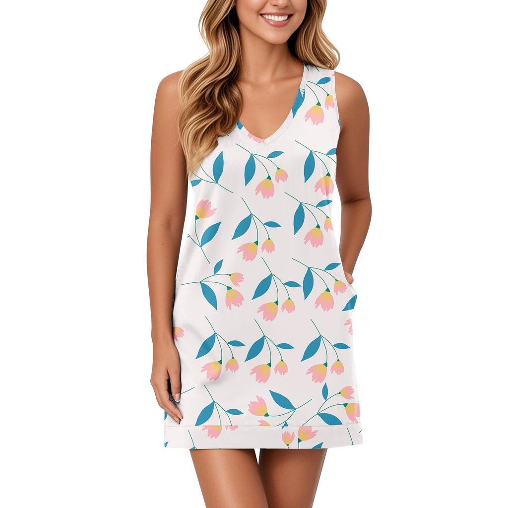 Soft V-Neck Tank Dress For Women Sleeveless Sundress Casual Relaxed Summer Dress With Pocket