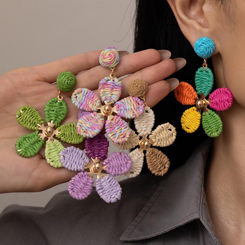 Dopamine Flower Woven Earrings: Summer Beach Raffia Studs for Women