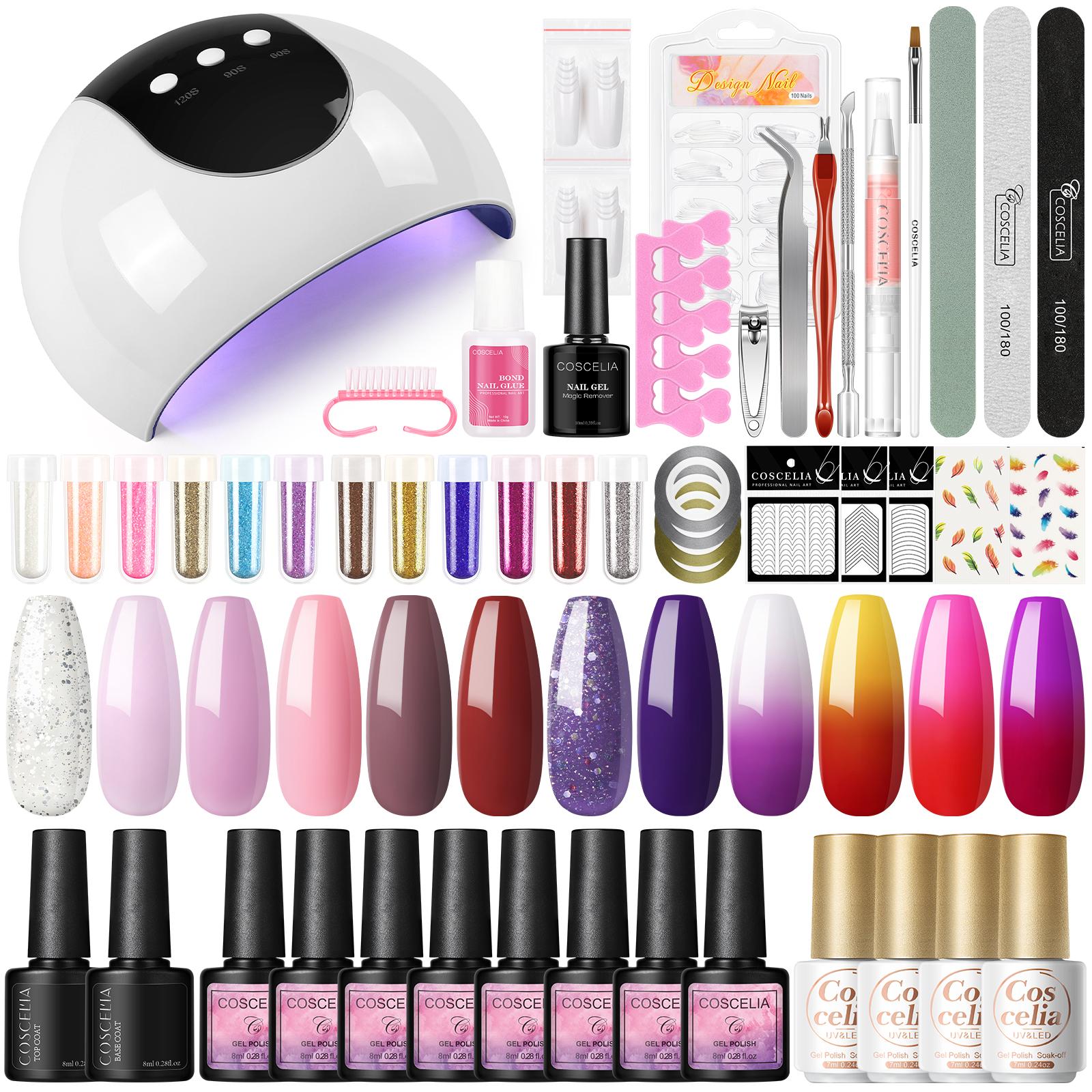

COSCELIA 36 Вт УФ-светодиодная лампа и 12 шт. Гель-лак для ногтей Набор для маникюра с гель-лаком с изменением температуры для ногтей с базовым верхним слоем Набор для дизайна ногтей
