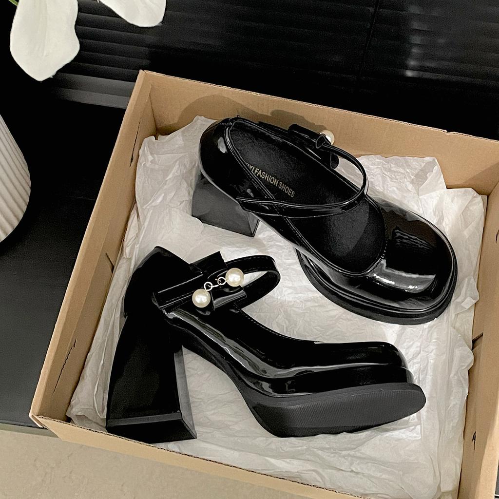 Mode Perle Retro Schwarz Britische Hochhackige Kleine Lederschuhe Damen 2025 Neu Vielseitige Höhenverstärkende Mary Jane Einzelne Schuhe