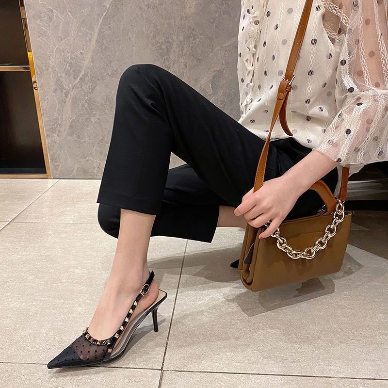 Sandals polka dot high heels with willow nails 2025 spring new mesh bag head thin heel empty women's sandals