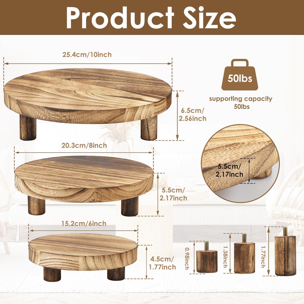 3Pcs Wooden Stool Display Stand 3 Sizes Wood Plant Holder Riser Stand Round Wood Riser with Removable Feet for Home Patio Decor