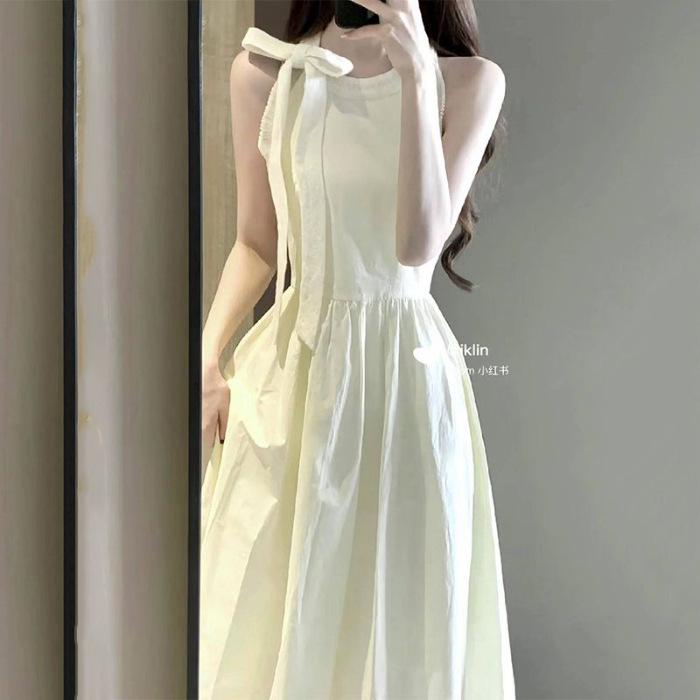 

First Love Little White Dress Academy Style Sweet Bow Neck Waist Temperament Dress Female Student Summer Medium and Long Dress S