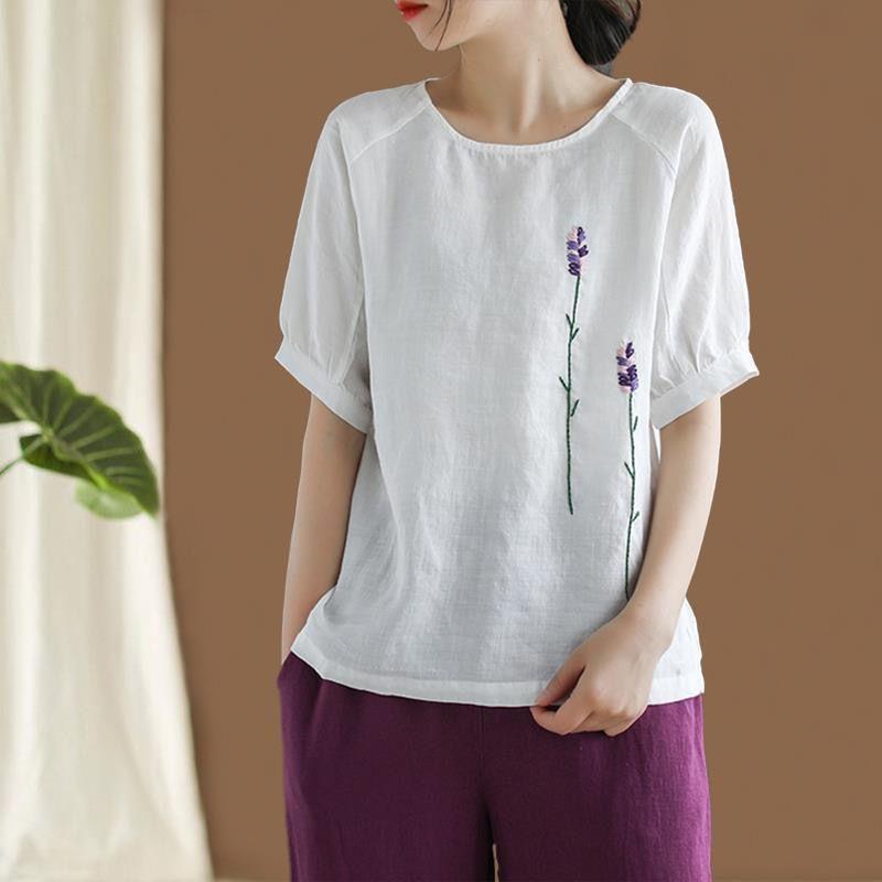 Women Summer New Large Loose Casual Round Neck Short Sleeve T-shirt with Artistic Retro Floral Embroidery In Linen Cotton Blend