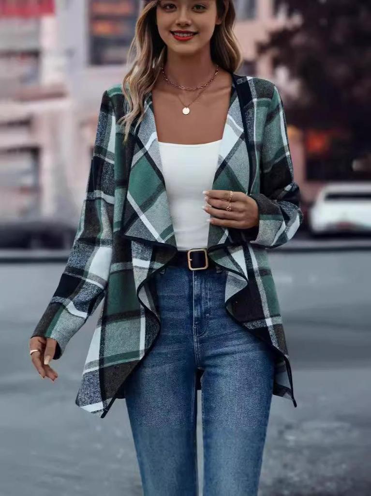 2024 Women's Plaid Print Long-sleeved Jacket - European & American Spring/Autumn Fashion