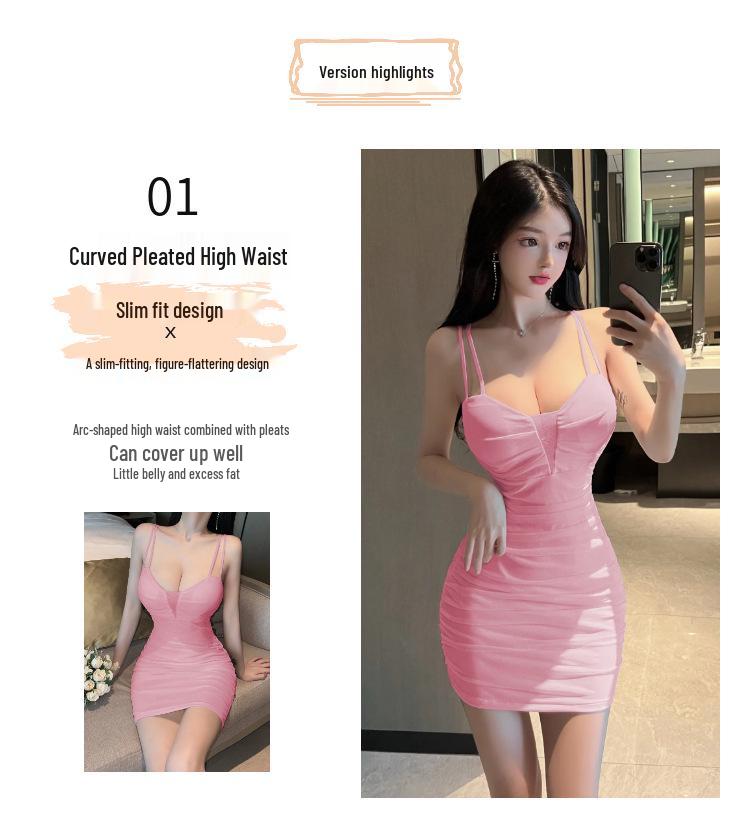 Built-in Padding Mini Dress: Pure Desire Style, Sexy Low-Cut, Spaghetti Strap, Ruched, Flaw-Covering, Slimming Bodycon Short Skirt