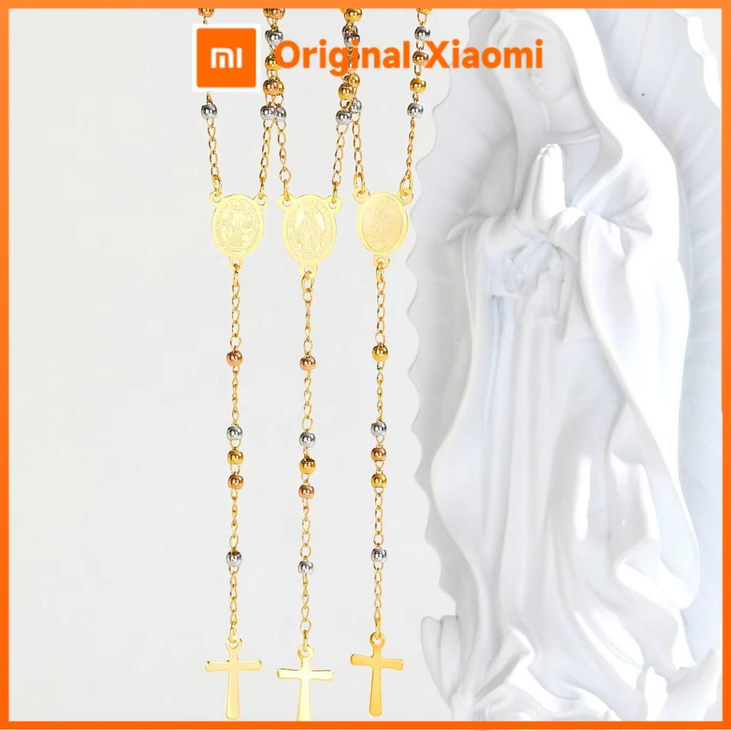 Xiaomi Vnox Three Color Rosary Virgin Mary Necklace For Women Stainless Steel Fashion Jewelry Saint Benedict Cross Y-shaped Necklace