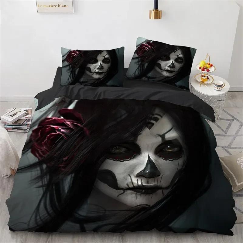 Skull Duvet Cover Queen Size Microfiber Vintage Sugar Skull Girl Day of The Dead Bride with Dark Color Roses Graphic Bedding Set
