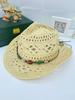 Womens Straw Western Hat With Beaded Band, Bohemian Beach Sun Hat For Summer Vacation
