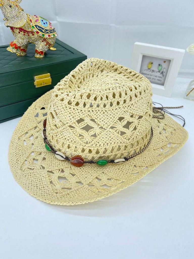 Womens Straw Western Hat With Beaded Band, Bohemian Beach Sun Hat For Summer Vacation