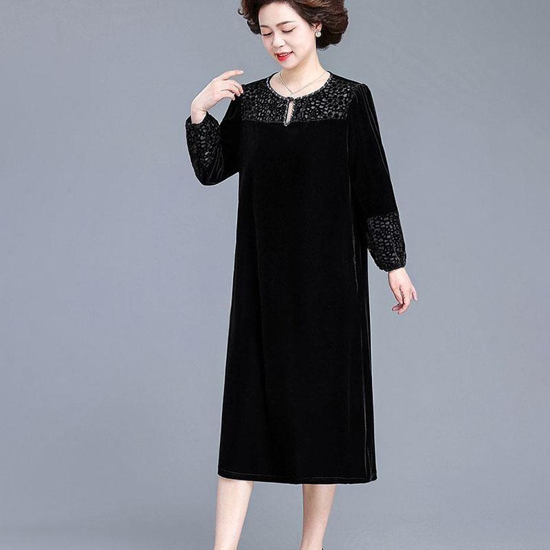 Autumn Winter Women's Gold Velvet Dress Crew Neck Plus Size Dress Long Dresses