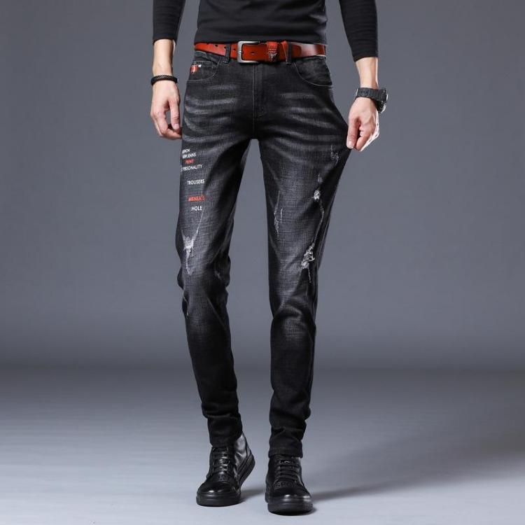Slim Fit Black Jeans for Men Casual Tight Pants Pure Denim