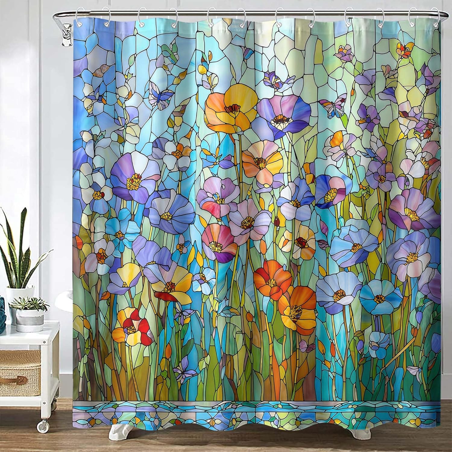 

Stained Glass Floral Shower Curtain – Blue & Purple Flower Design, Modern Nature-Inspired Bathroom Decor W60H190(CM)-1 Pcs