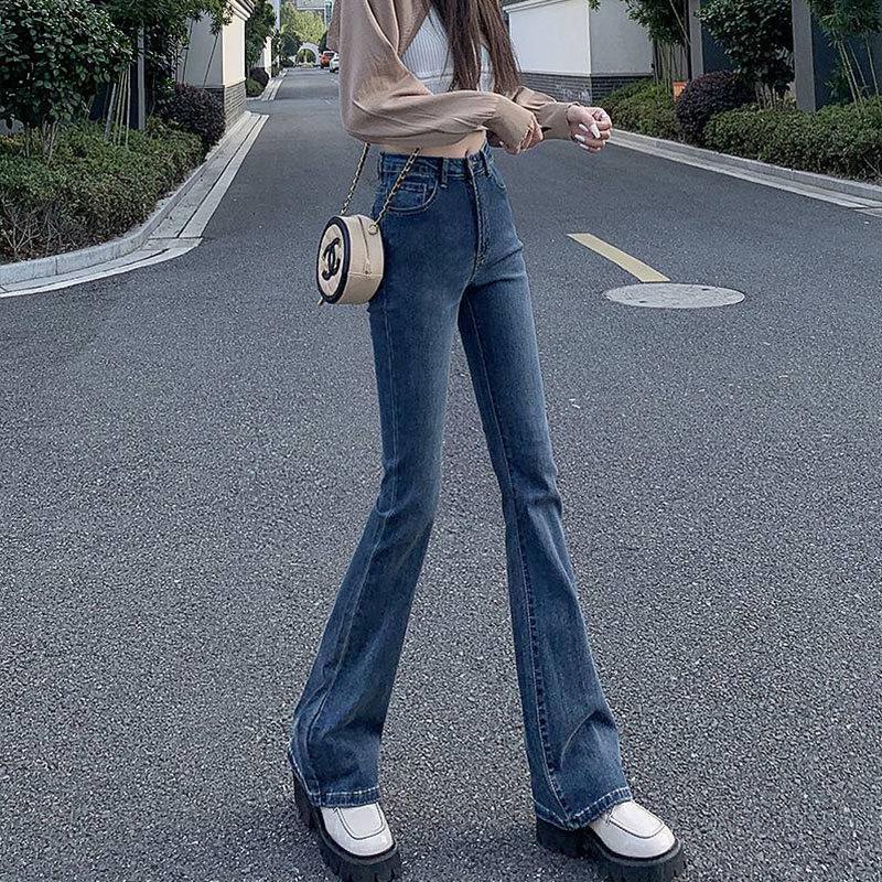 

Женские эластичные легкие расклешенные джинсы с высокой талией: Облегающий крой, длина до пола, подковообразный дизайн Medium сине серый