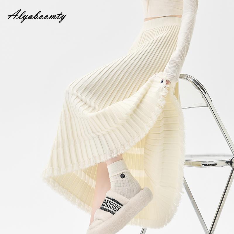 

Осень Зима Женская Вязаная Миди Юбка С Высокой Посадкой Бежевая Черная Синяя Вязаная Юбка с Кисточками Плотная Теплая Элегантная А-Силуэта Юбки Женские One Size бежевый