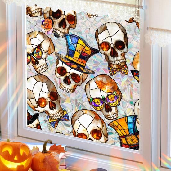 Rainbow Window Privacy Film Halloween Non-Adhesive Glass Sticker Prism Stained Static Clings Sun Blocking Privacy Decals for Living Room Bedroom
