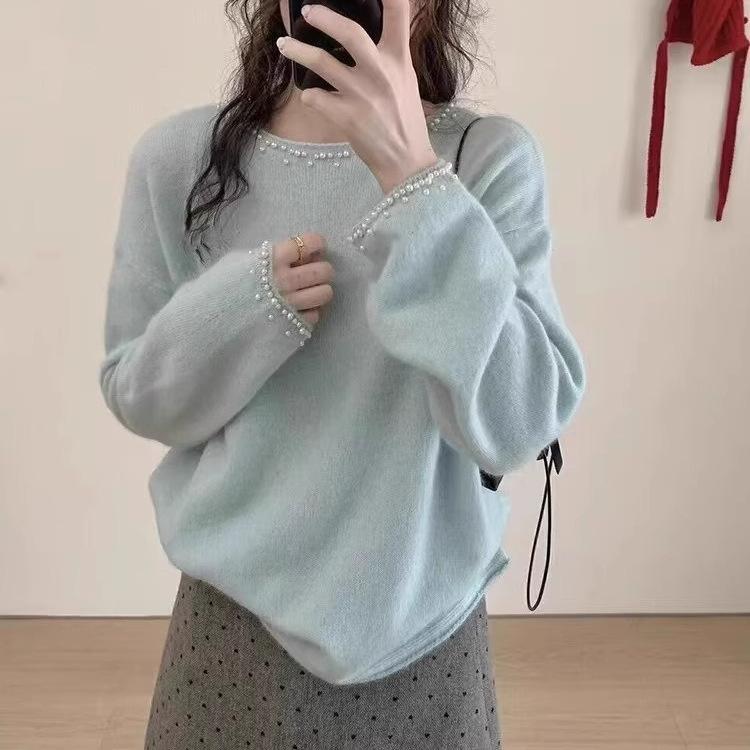 Arctic velvet, heavy industry solid color beaded imitation wool crew neck knitted sweater for women's autumn and winter gentle wind inside