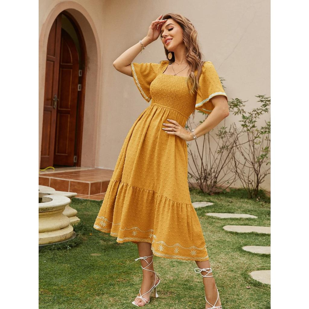 Vestido Largo Maxi de Verano para Mujer, Manga Corta, Fruncido, Cuadrado, Línea A, Fluido