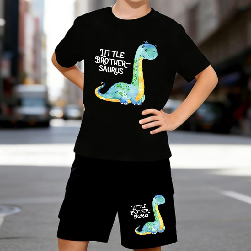 Boys 2 Piece cartoon graffiti dinosaur printed outfit, Short Sleeve T-Shirt and Shorts Set for Kids Age 5-14,white,Black Sporty Casual Summer Clothes 5-6 Years чёрный