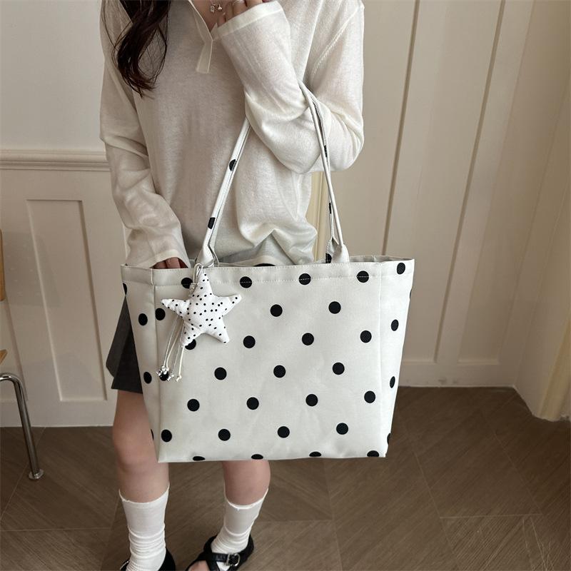 Women S Classic Polka Dot Canvas Tote Bag Large Capacity Shoulder Bag For Commute School