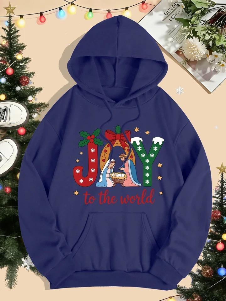 Women’s Merry Christmas Happy World Print Pocket Loose Hoodie