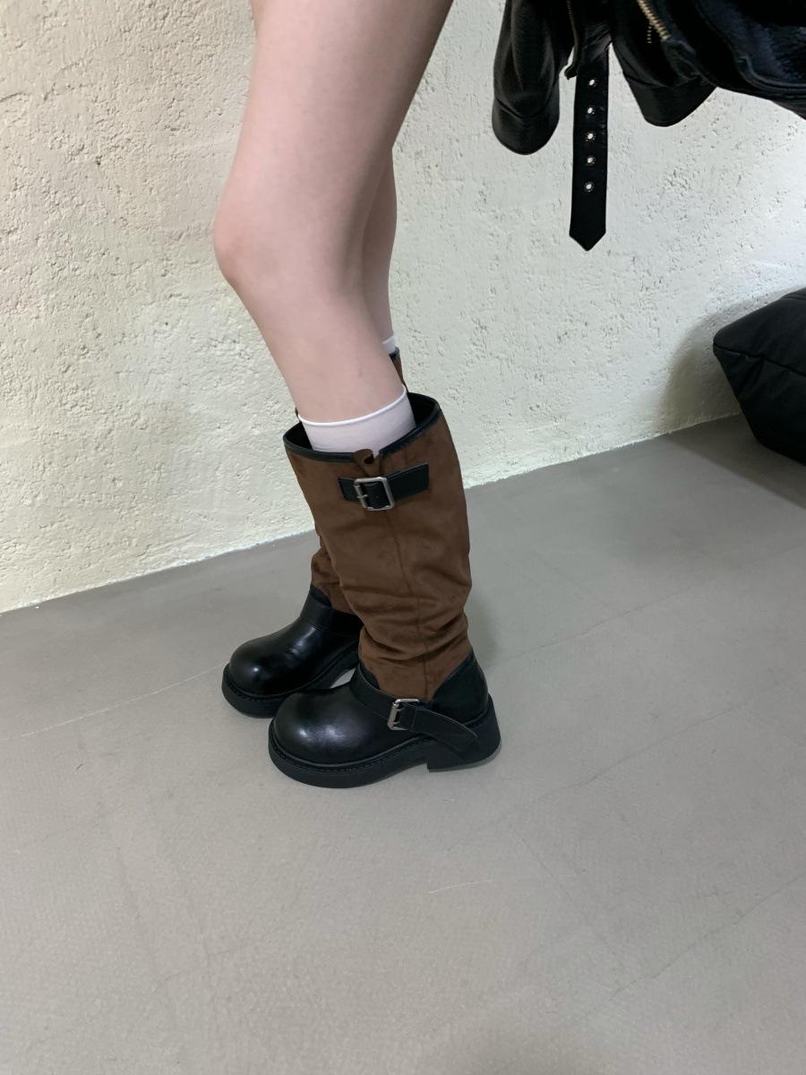 

Skinny long tube splicing stacking boots women s 2025 autumn new big head retro heightening thick sole small man tall boots 39 коричневый