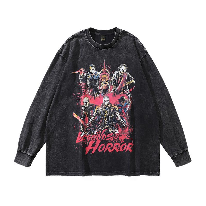 American High Street Retro Long-Sleeved T-Shirt White Ink Direct Spray Print Heavy Cotton Washed Crew Neck Sweatshirt Men'S Ins