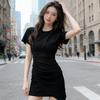 New pure desire style black T-shirt skirt summer round neck waist pleated irregular hem temperament dress
