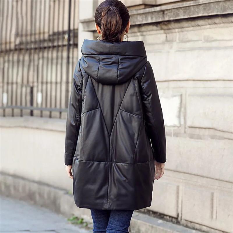 Winter Women's Warm Hooded PU Leather Jacket Thicken Snow Parkas Black Loose Long Coat Windproof Female Cotton Leather Overcoat