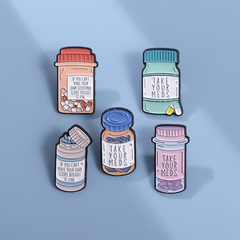Cartoon Medicine Bottle Alloy Brooch: European & American Style Enamel Badge for Clothes & Bags