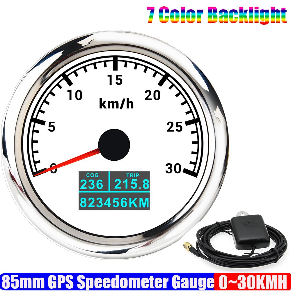 7 Color LED Auto Car 85mm GPS Speedometer Gauge with GPS Antenna 30KMH,60KMH,120KMH,200KMH Marine Boat Yacht COG TRIP Odometer