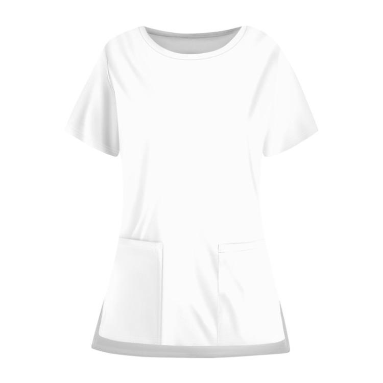 Casual Protective Top Work Uniform Open Hem Pocket Neck Round Solid Color for Women