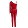 Girls Figure Skating Gymnastics Jumpsuit Asymmetrical Design Back Invisible Zipper Mesh Patchwork Sparkly Rhinestones Bodysuit for Competition