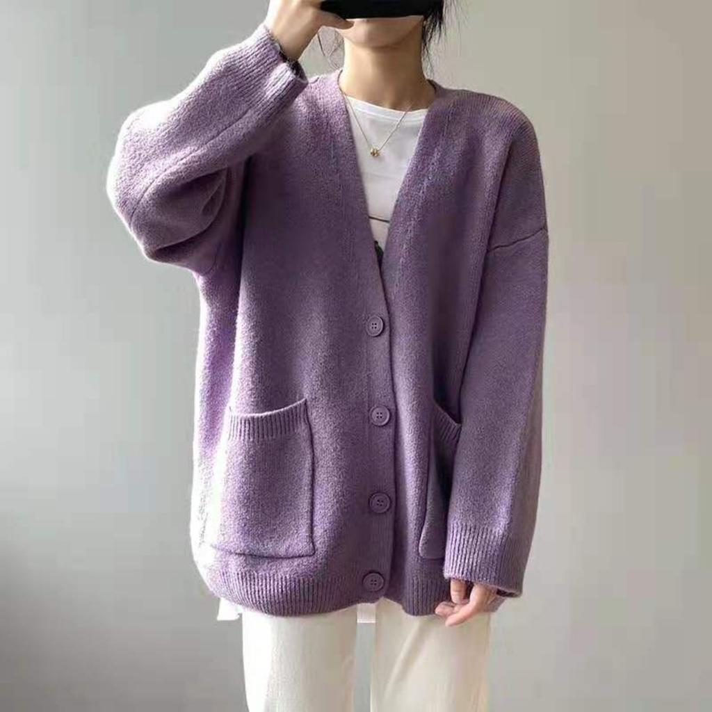 Korean Spring and Autumn Sweater Women's Wear Loose Western Style Lazy Style Solid Color Knitted Cardigan Coat