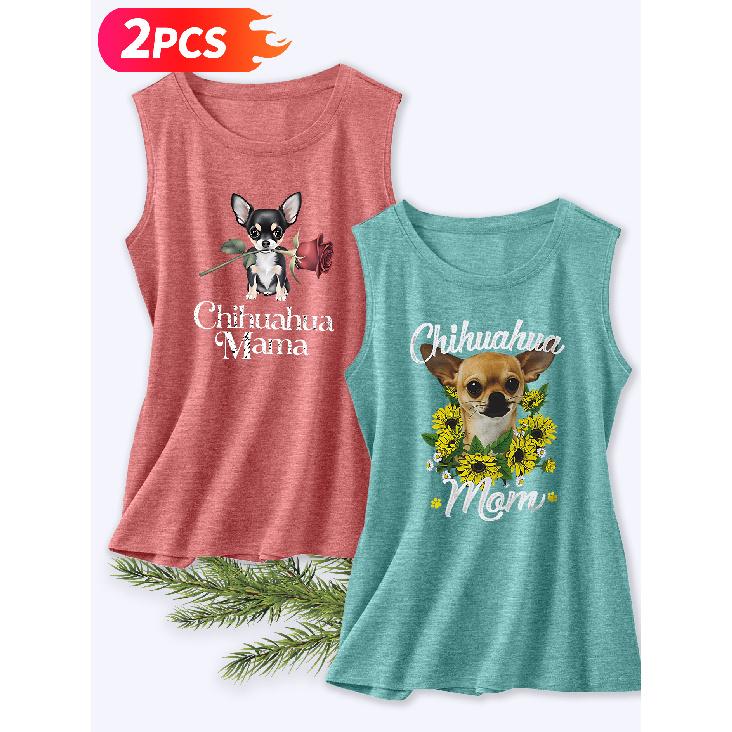 Follow a Specific Direction Two-piece Women's Vest Set Chihuahua Sunflower Rose Print Elegant Summer Party Outfits Sleeveless Vest Essential Fashion