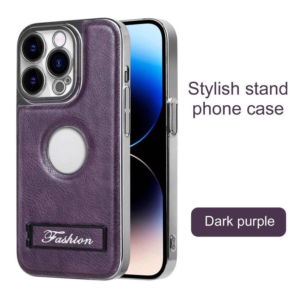 

Invisible Bracket Leather Case for iPhone 15 Pro Max 14 Pro 13 12 Camera Lens Protective Electroplated Bumper Flip Stand Cover For iPhone12ProMax фиолетовый