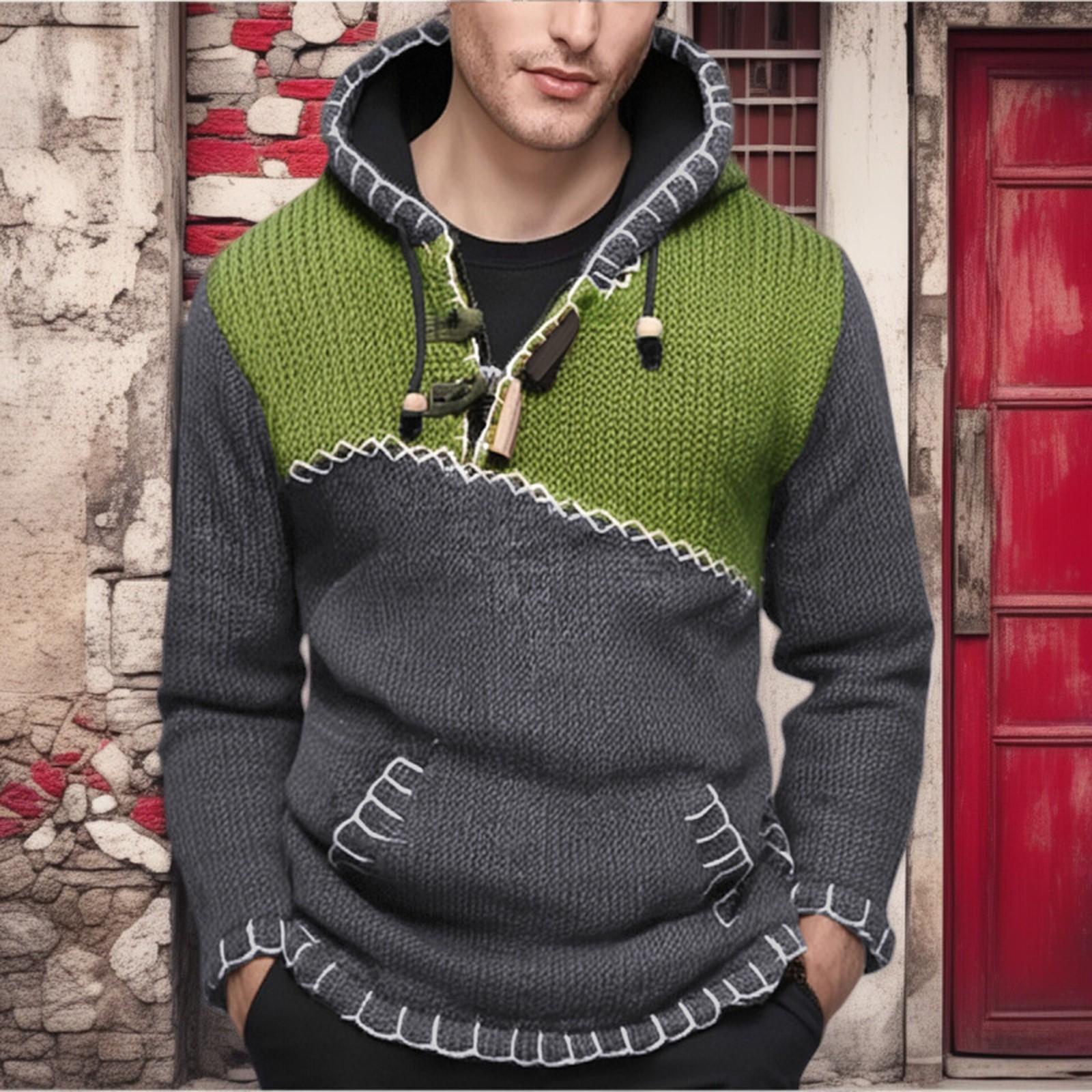 

Men s Contrast Color Stitching Sweater Long Sleeve Hooded Sweater Sweatshirt L зелёный