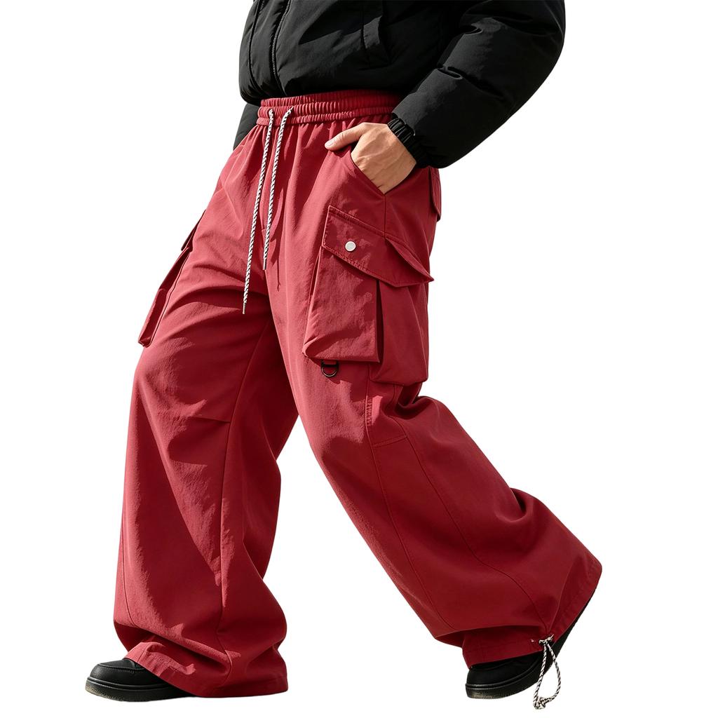 Men's Wide Leg Cargo Pants Casual Loose Fit Retro Multi-Pocket Gray Work Pants for Spring and Fall