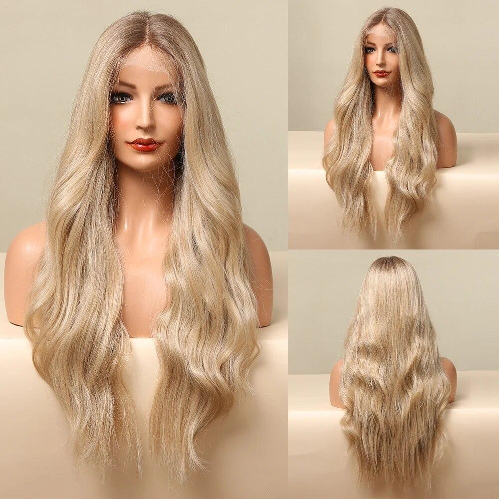 ALAN EATON Brown Blonde Curly Lace Wig 13*4 Lace Front Wigs with Dark Roots Synthetic Natural Looking Hair for White Women Daily