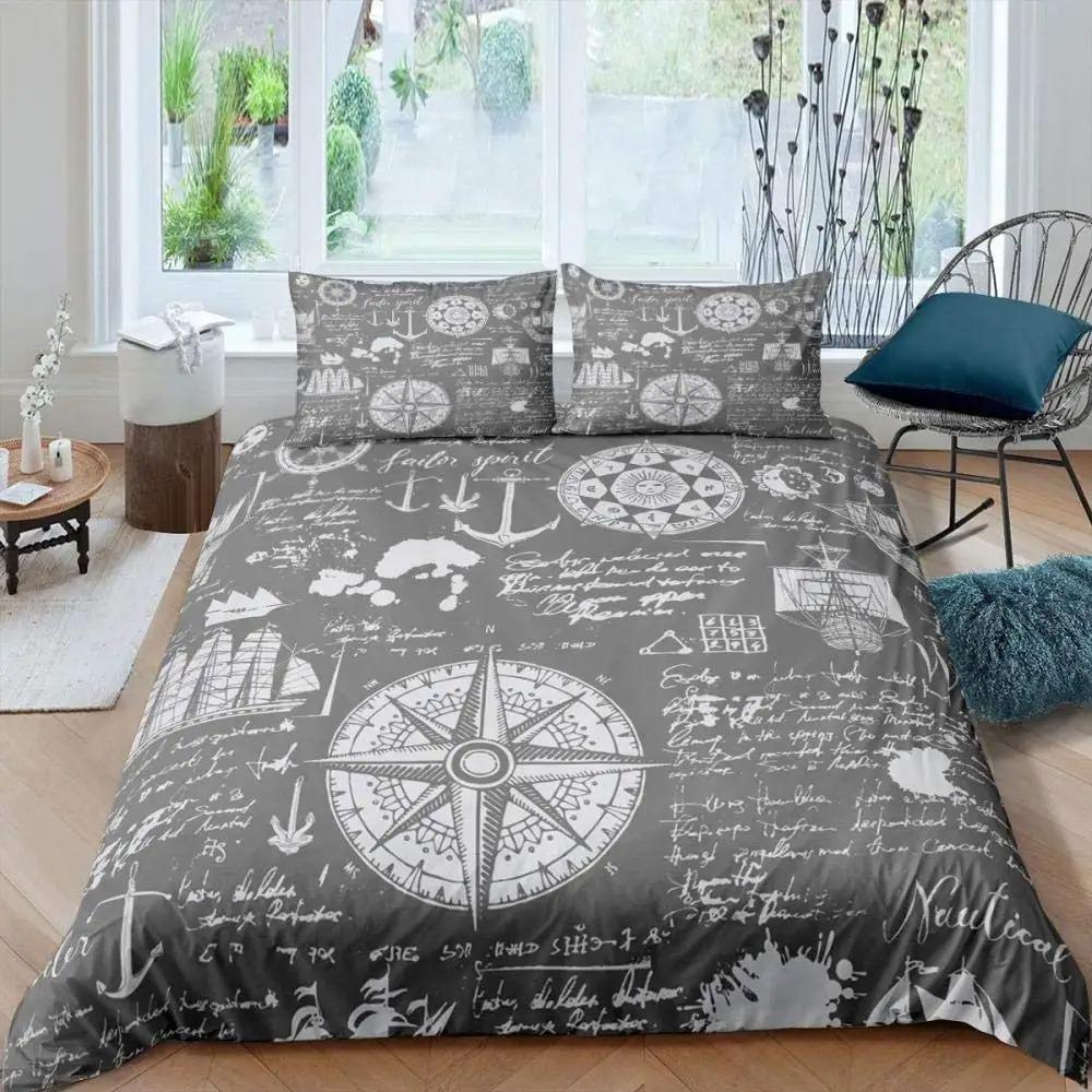 Compass Telescope Duvet Cover Set Navigation Theme Polyester Comforter CoverTwin Size For Kids Boys Girls Bedding Set