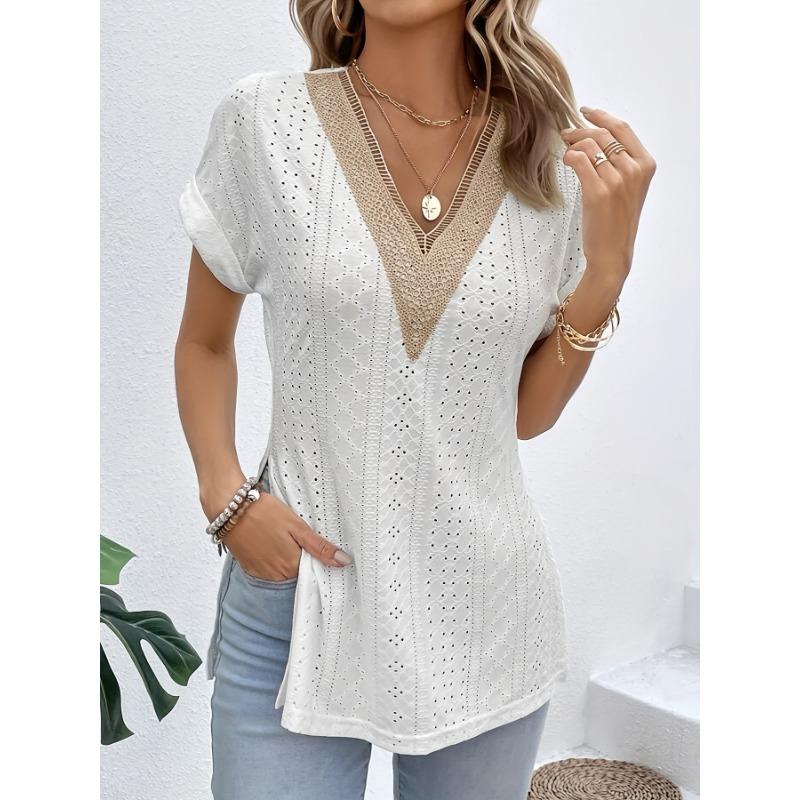

Женская новая элегантная кружевная аппликация кружево V-образный вырез сращивание подол открытая вилка короткий рукав футболка тонкая блузка XL белый