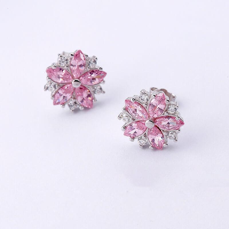 Pink Cherry Blossom Zircon Inlaid Silver-Plated Copper Stud Earrings for Women - Japanese Korean Sweet Style Creative Ear Jewelry